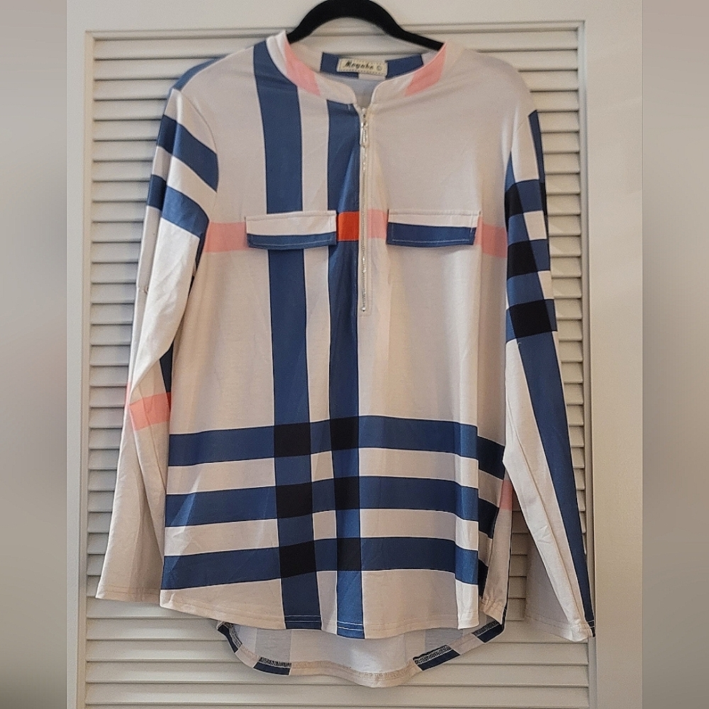 Moyabo - Pink/White/Blue Abstract Zipper Frony Long-Sleeve Top